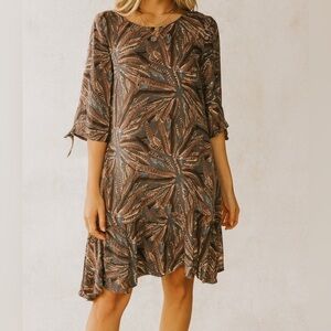 Marsodi Lux Sz L Womens Feather Print Tiered Flowy Long Sleeve Ruffle Dress Boho
